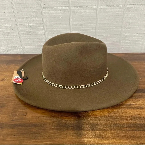 Steve Madden Green Women's Felted 100% Wool Metal Chain Trimmed Fedora Hat NWT - Picture 8 of 8